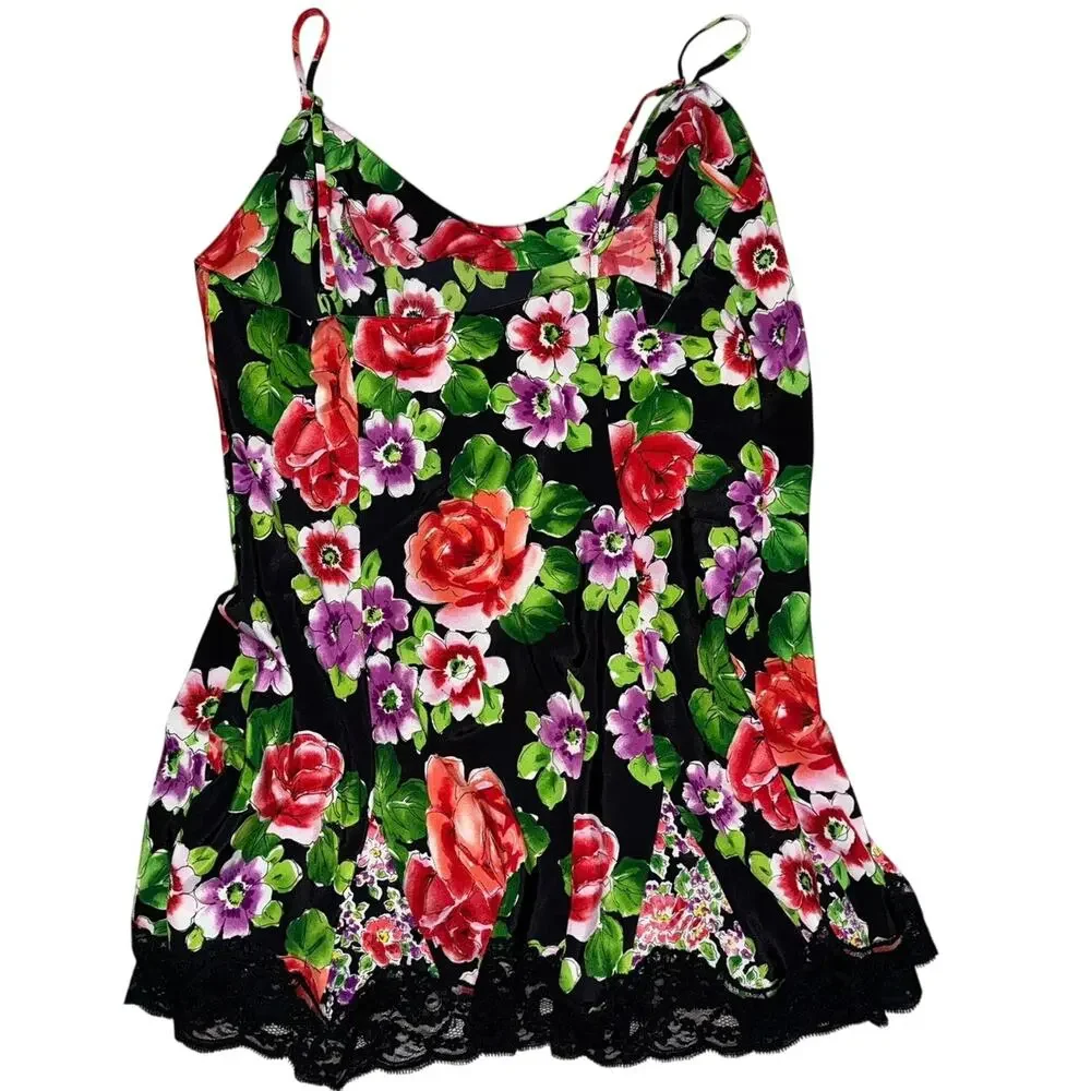 Victoria's Secret  Black Floral Nightgown Slip Dress Size L Vintage Gold Label